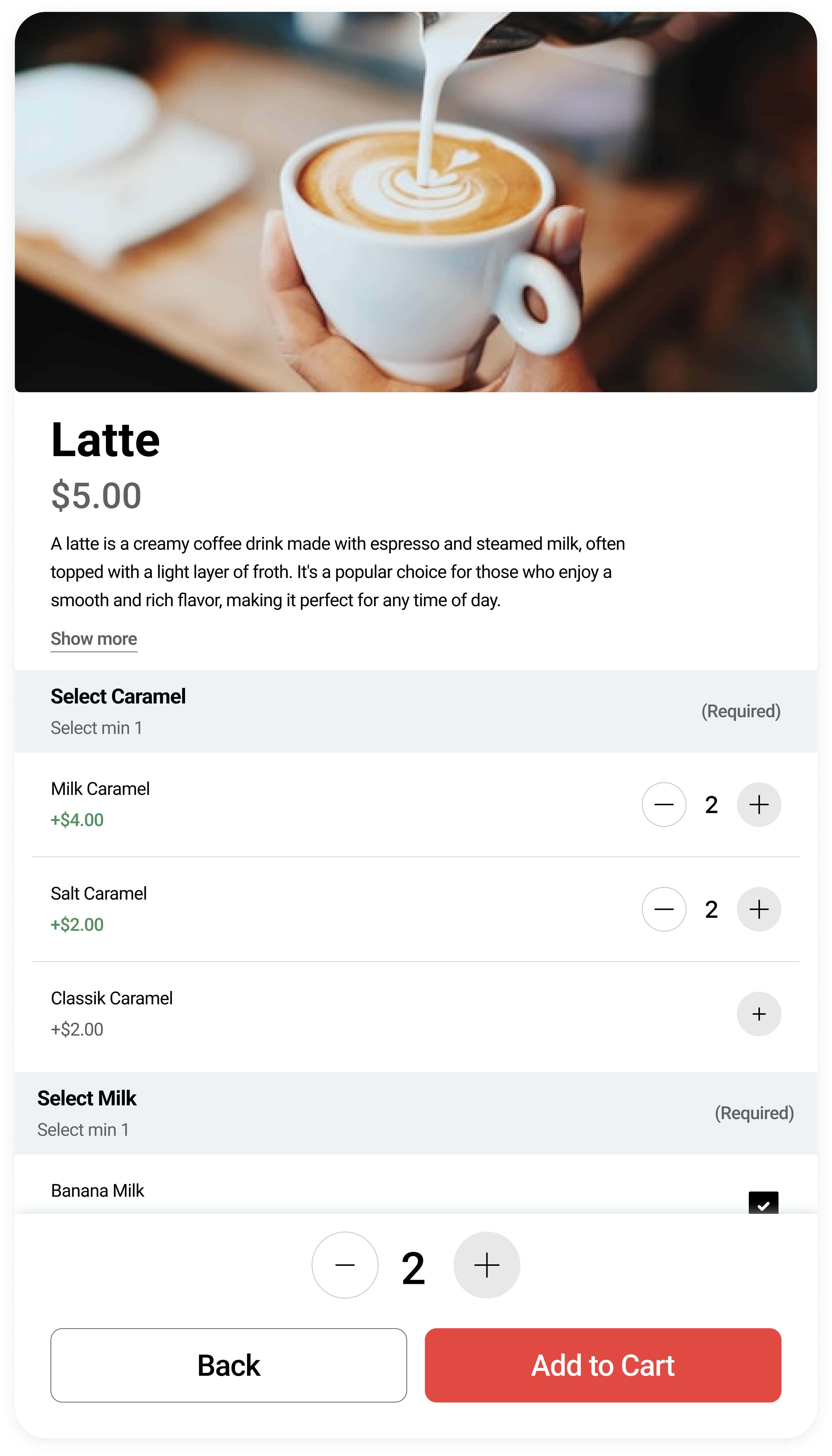 Product page with multiple modifiers quantity selected